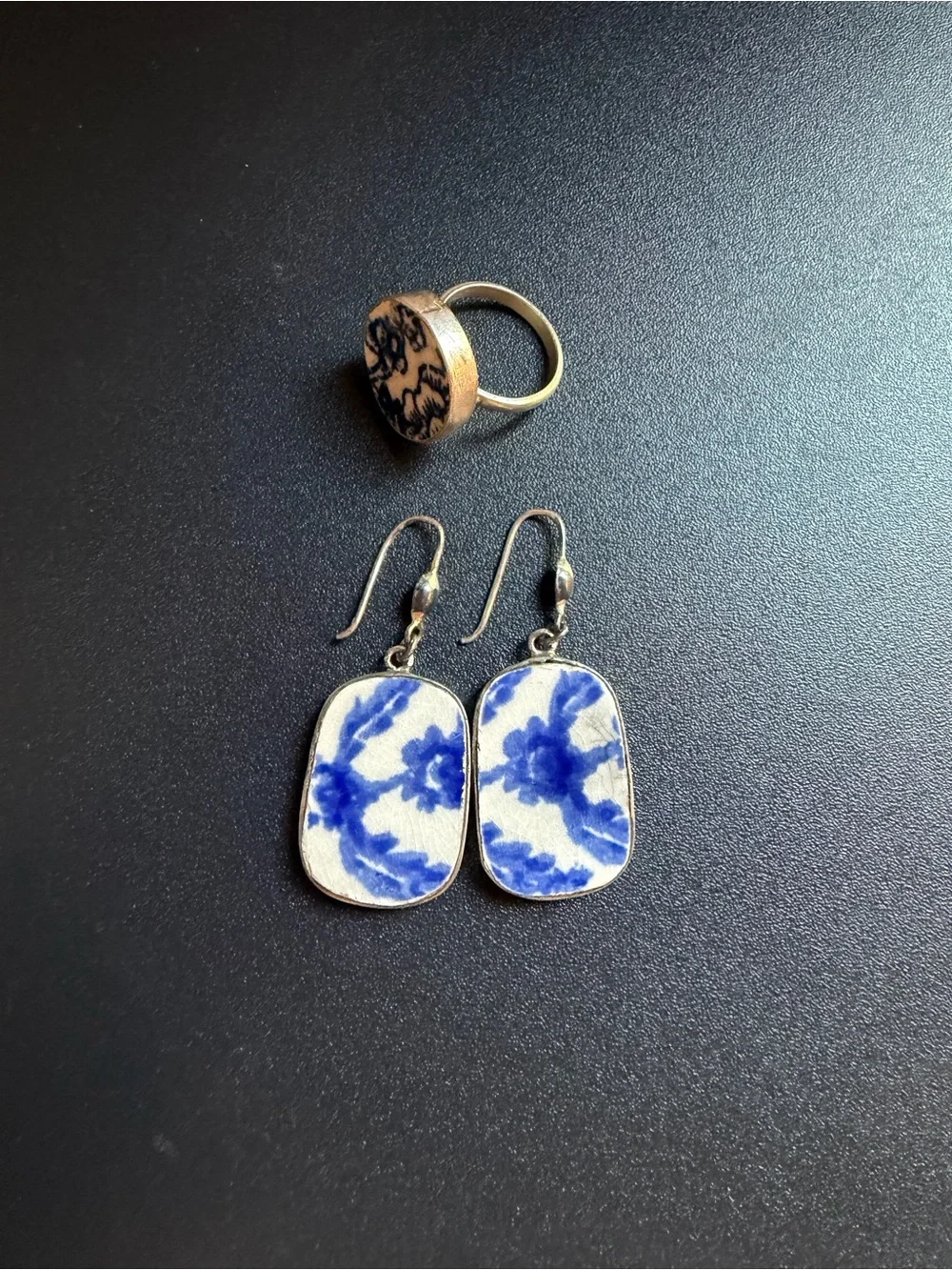 Artisan Blue and White Porcelain Floral Ring & Matching Earrings Set